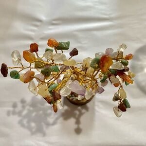 7 Gem Stone Chakra Tree with Stone Leafs. Gold wire Branch and Trunk in Wood.EUC